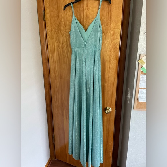 Teal Glitter Prom Dress Vneck Thigh Slit Formal - Picture 2 of 3